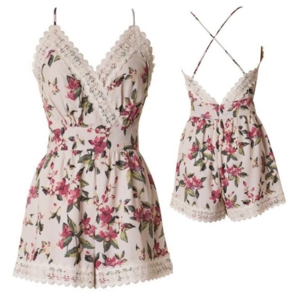 Premium Floral Spring Romper with Lace Trim small